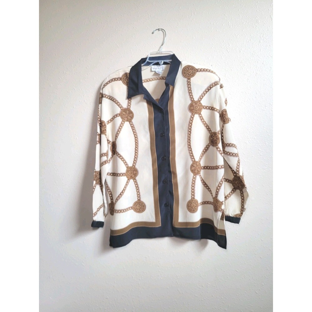 Vintage Adrianna Papell 100% Silk Chain Shirt Button-Down Shoulder Pads 14 - Picture 2 of 12